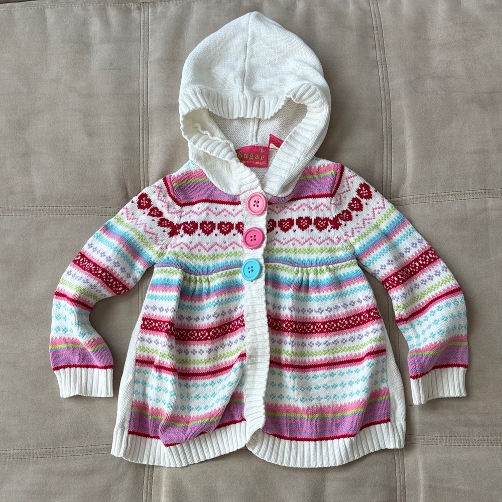 Sugar White Hooded Knit Cardigan with Pink, Red & Blue Accents 2T